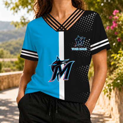 LIMITED EDITION - NEW CUSTOMIZED MLB20 MMS MIAMI MARLINS V-NECK SHIRT