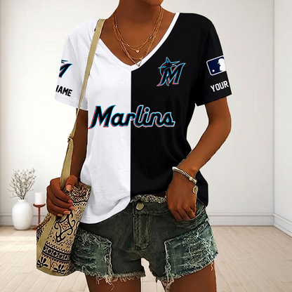SPECIAL EDITION - NEW CUSTOMIZED MLB20 MMS MIAMI MARLINS V-NECK FEMALE SHIRT