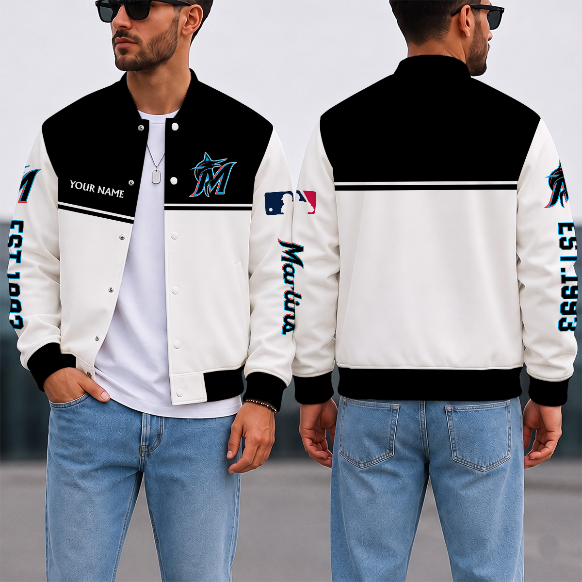 SPECIAL EDITION - NEW CUSTOMIZED MLB20 MMS MIAMI MARLINS SATIN VARSITY & BASEBALL JACKET