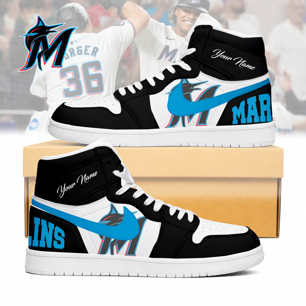 LIMITED EDITION - NEW CUSTOMIZED MLB20 MMS MIAMI MARLINS AIR JORDAN SNEAKERS