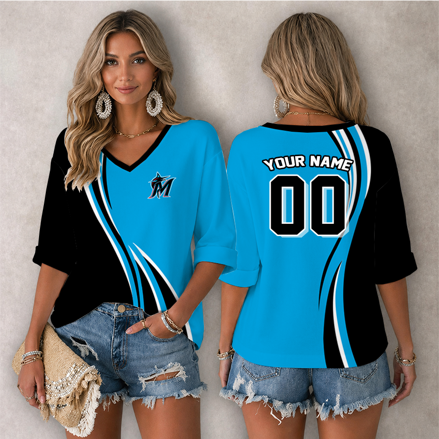 LIMITED EDITION - NEW CUSTOMIZED MLB20 MMS MIAMI MARLINS WOMEN'S HEART V-NECK LONG SLEEVE SHIRT