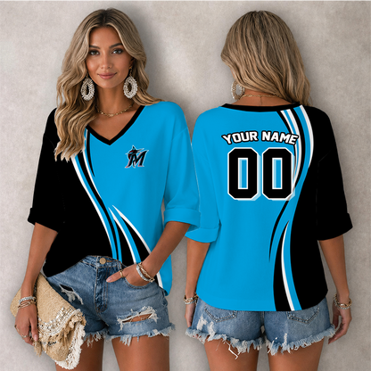 LIMITED EDITION - NEW CUSTOMIZED MLB20 MMS MIAMI MARLINS WOMEN'S HEART V-NECK LONG SLEEVE SHIRT