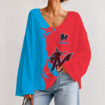 [FLASH SALE] NEW CUSTOMIZED MLB20 MMS MIAMI MARLINS V-NECK LONG SLEEVED CROP TOP