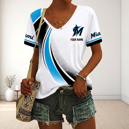 LIMITED EDITION - NEW CUSTOMIZED MLB20 MMS MIAMI MARLINS V-NECK FEMALE SHIRT