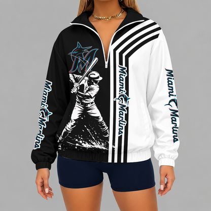 [FLASH SALE] NEW CUSTOMIZED MLB20 MMS MIAMI MARLINS V-NECK ZIPPER SWEATSHIRT JACKET