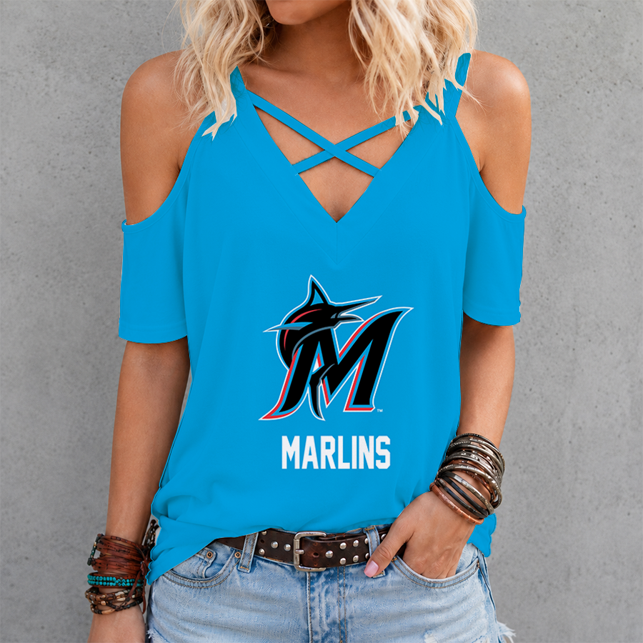 LIMITED EDITION - NEW CUSTOMIZED MLB20 MMS MIAMI MARLINS CRISS CROSS V-NECK TOP