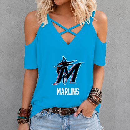 LIMITED EDITION - NEW CUSTOMIZED MLB20 MMS MIAMI MARLINS CRISS CROSS V-NECK TOP