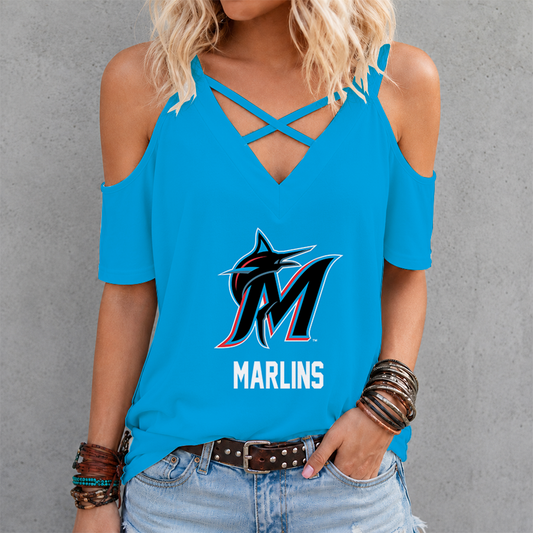 LIMITED EDITION - NEW CUSTOMIZED MLB20 MMS MIAMI MARLINS CRISS CROSS V-NECK TOP