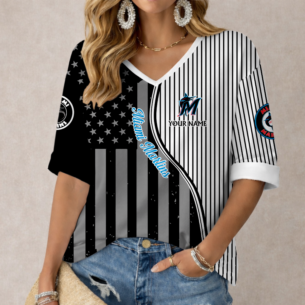 ELITE EDITION - NEW CUSTOMIZED MLB20 MMS MIAMI MARLINS WOMEN'S HEART V-NECK LONG SLEEVE SHIRT