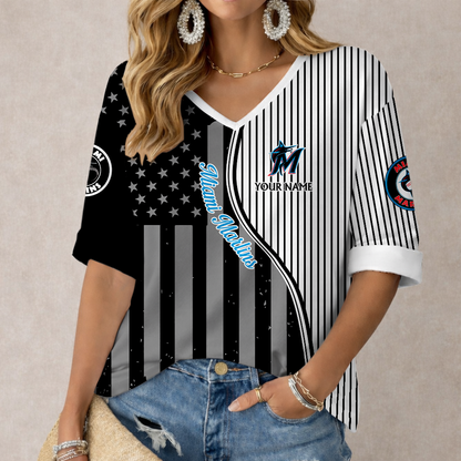 ELITE EDITION - NEW CUSTOMIZED MLB20 MMS MIAMI MARLINS WOMEN'S HEART V-NECK LONG SLEEVE SHIRT