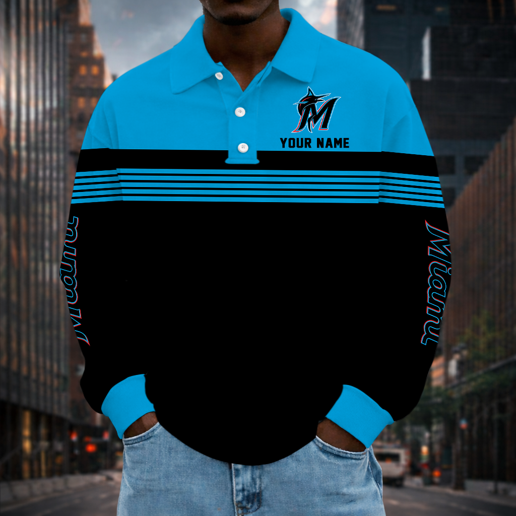 SPECIAL EDITION - NEW CUSTOMIZED MLB20 MMS MIAMI MARLINS MEN'S LONG SLEEVE POLO