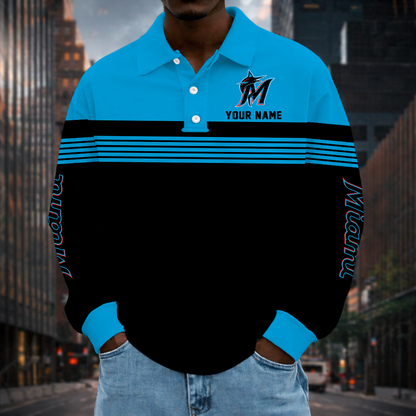 SPECIAL EDITION - NEW CUSTOMIZED MLB20 MMS MIAMI MARLINS MEN'S LONG SLEEVE POLO