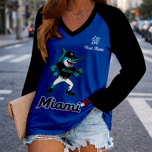 LIMITED EDITION - NEW CUSTOMIZED MLB20 MMS MIAMI MARLINS WOMEN'S V-NECK LONG SLEEVED SHIRT