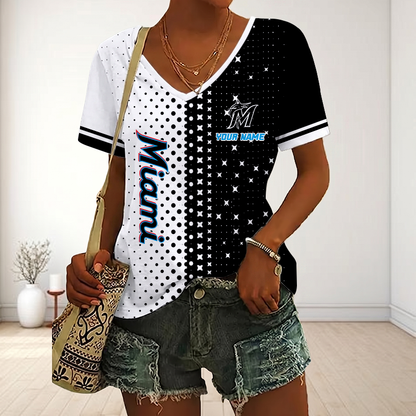 LIMITED EDITION - NEW CUSTOMIZED MLB20 MMS MIAMI MARLINS V-NECK FEMALE SHIRT
