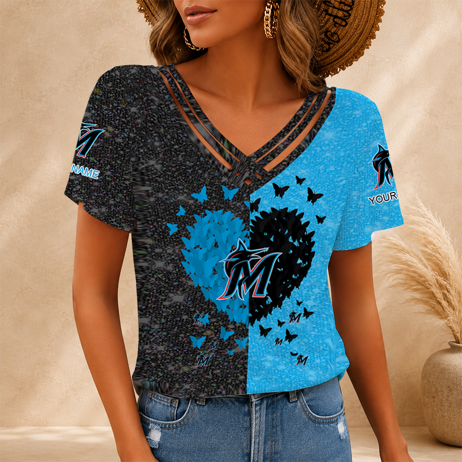 LIMITED EDITION - NEW CUSTOMIZED MLB20 MMS MIAMI MARLINS V-NECK SHIRT