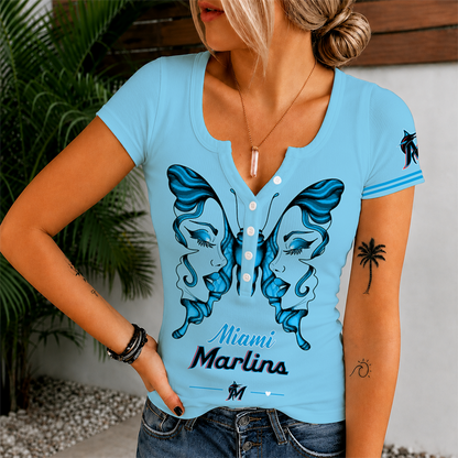 [FLASH SALE] NEW CUSTOMIZED MLB20 MMS MIAMI MARLINS WOMEN'S SHORT SLEEVE HENLEY T-SHIRT