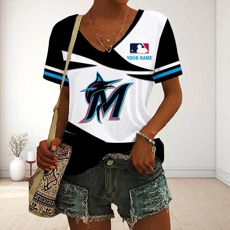 LIMITED EDITION - NEW CUSTOMIZED MLB20 MMS MIAMI MARLINS V-NECK FEMALE SHIRT