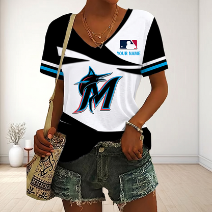 LIMITED EDITION - NEW CUSTOMIZED MLB20 MMS MIAMI MARLINS V-NECK FEMALE SHIRT