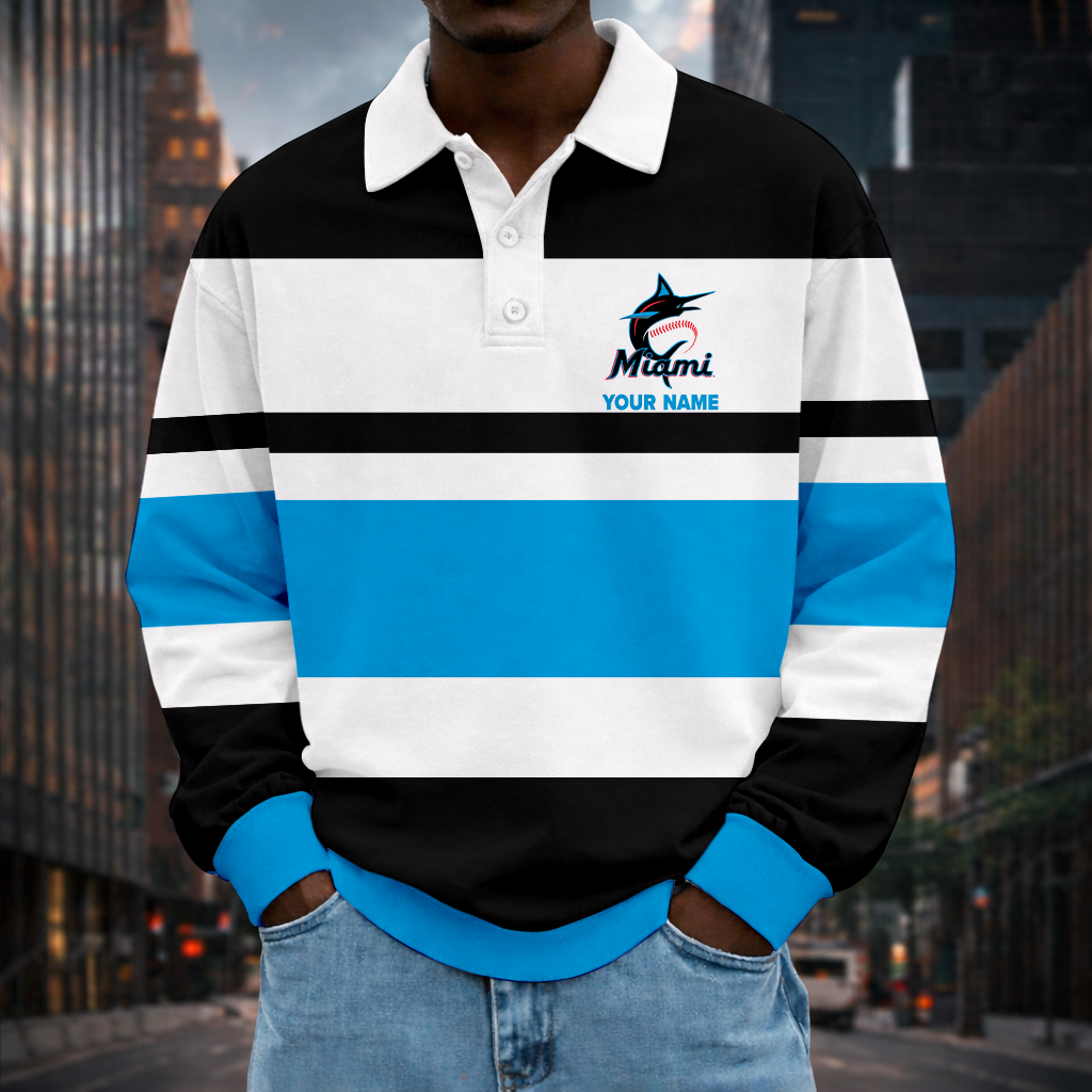 LIMITED EDITION - NEW CUSTOMIZED MLB20 MMS MIAMI MARLINS MEN LONG SLEEVE POLO