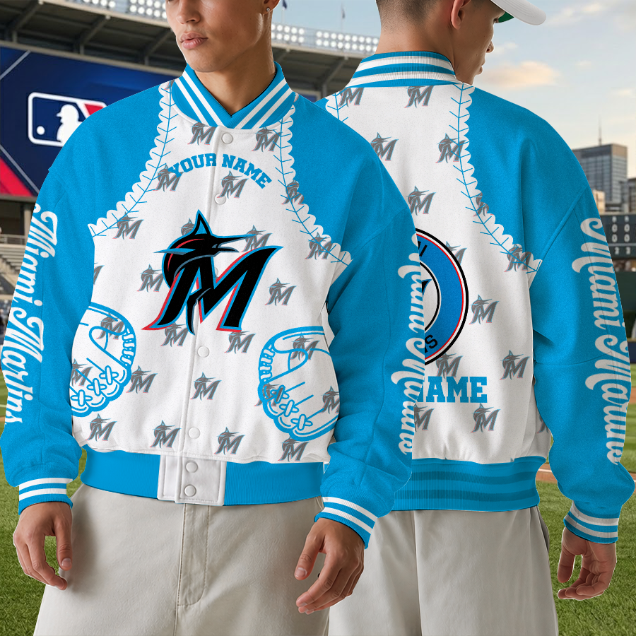 LIMITED EDITION - NEW CUSTOMIZED MLB20 MMS MIAMI MARLINS SATIN VARSITY & BASEBALL JACKET
