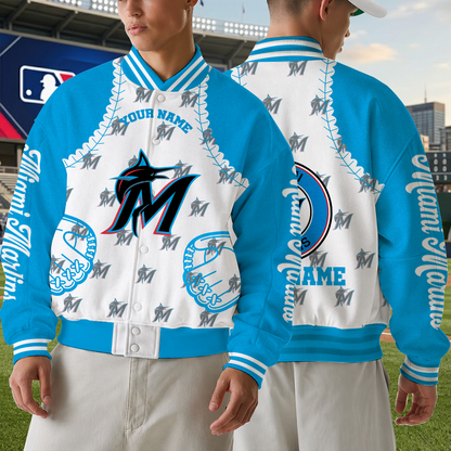 LIMITED EDITION - NEW CUSTOMIZED MLB20 MMS MIAMI MARLINS SATIN VARSITY & BASEBALL JACKET