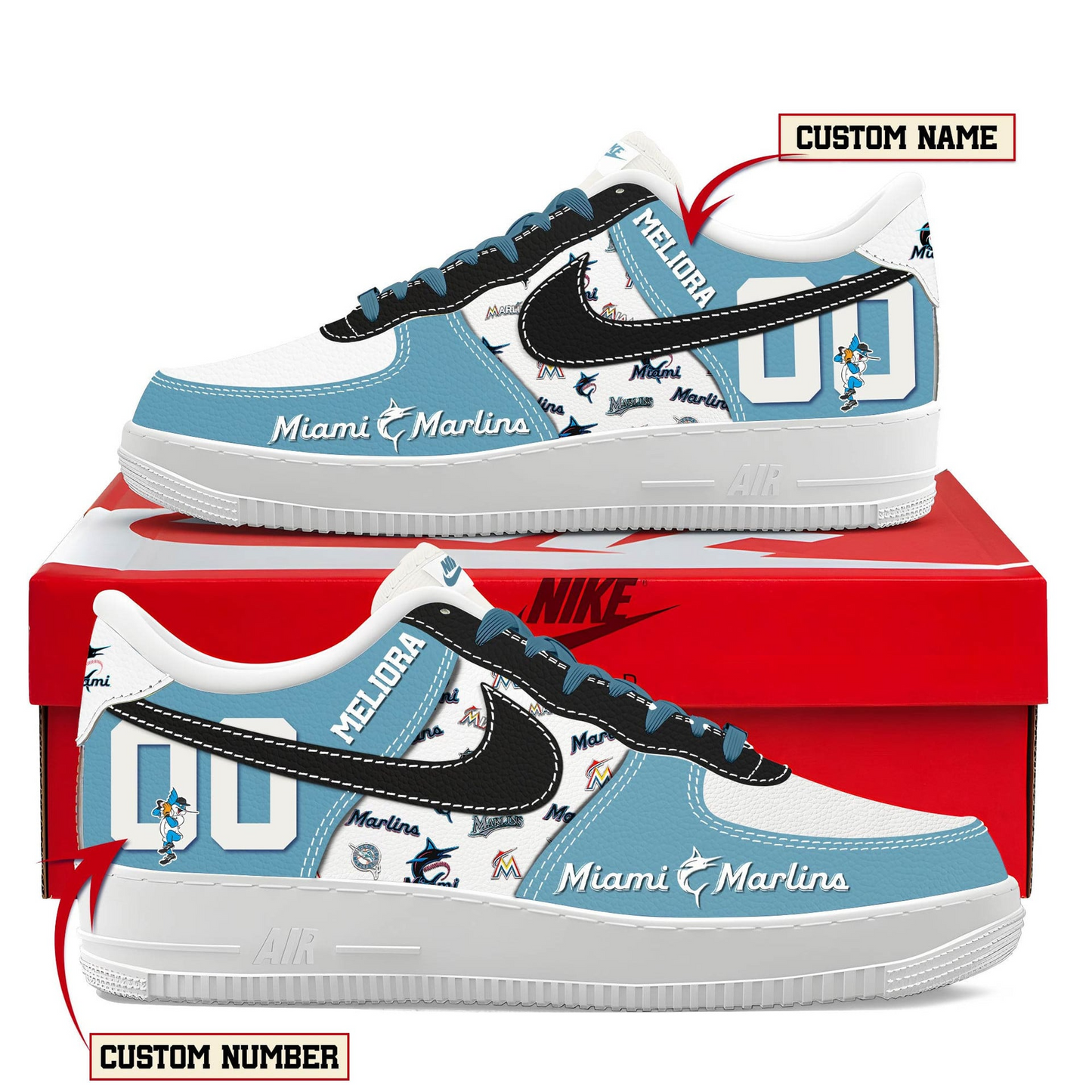 LIMITED EDITION - NEW CUSTOMIZED MLB20 MMS MIAMI MARLINS AF1 SHOES