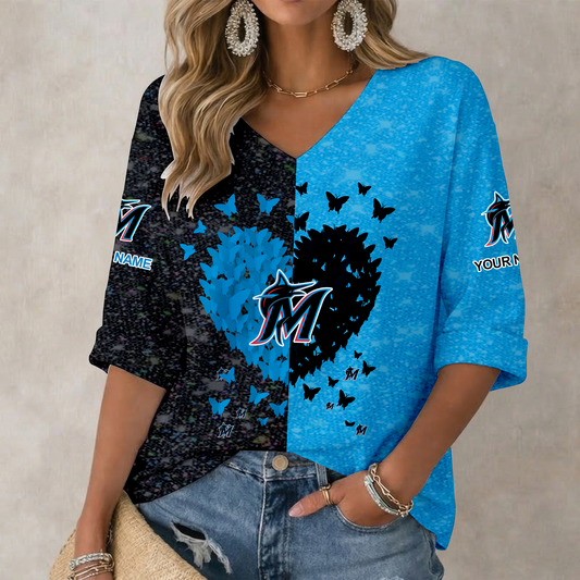 LIMITED EDITION - NEW CUSTOMIZED MLB20 MMS MIAMI MARLINS WOMEN'S HEART V-NECK LONG SLEEVE SHIRT