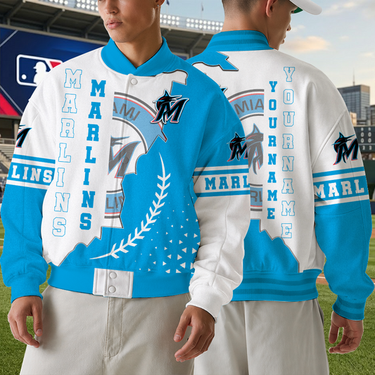 LIMITED EDITION - NEW CUSTOMIZED MLB20 MMS MIAMI MARLINS SATIN VARSITY & BASEBALL JACKET