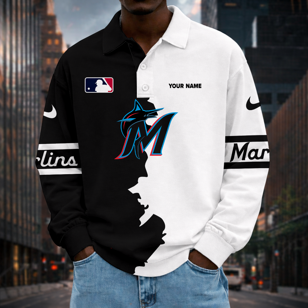 LIMITED EDITION - NEW CUSTOMIZED MLB20 MMS MIAMI MARLINS MEN LONG SLEEVE POLO