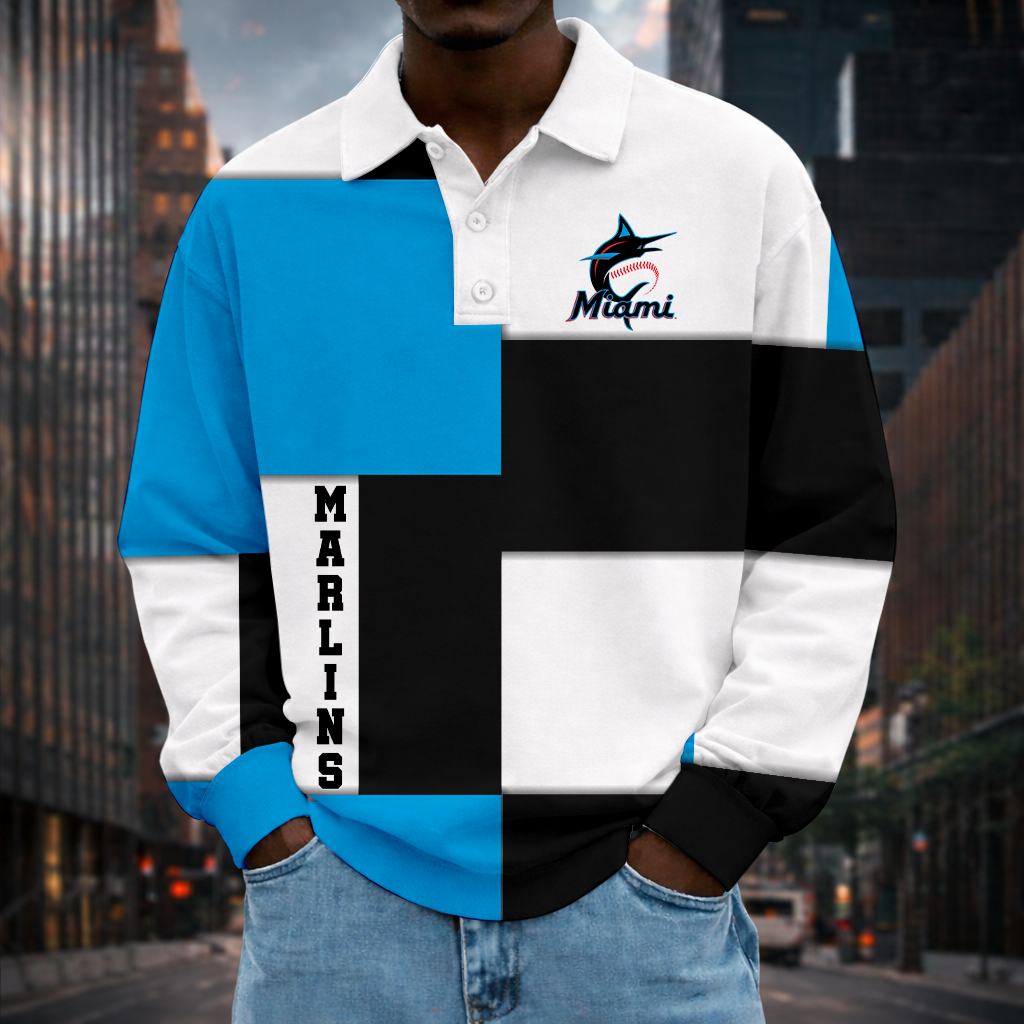 LIMITED EDITION - NEW CUSTOMIZED MLB20 MMS MIAMI MARLINS MEN LONG SLEEVE POLO