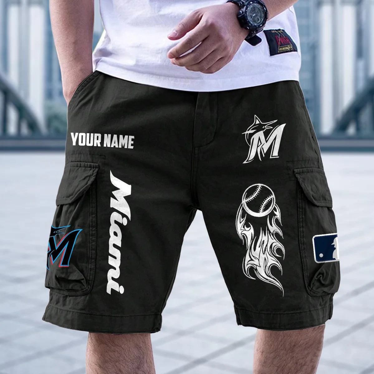 [FLASH SALE] NEW CUSTOMIZED MLB20 MMS MIAMI MARLINS MEN'S CARGO SHORTS