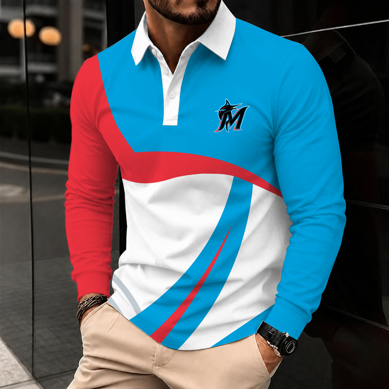 [FLASH SALE] NEW CUSTOMIZED MLB20 MMS MIAMI MARLINS MEN'S LONG SLEEVE POLO