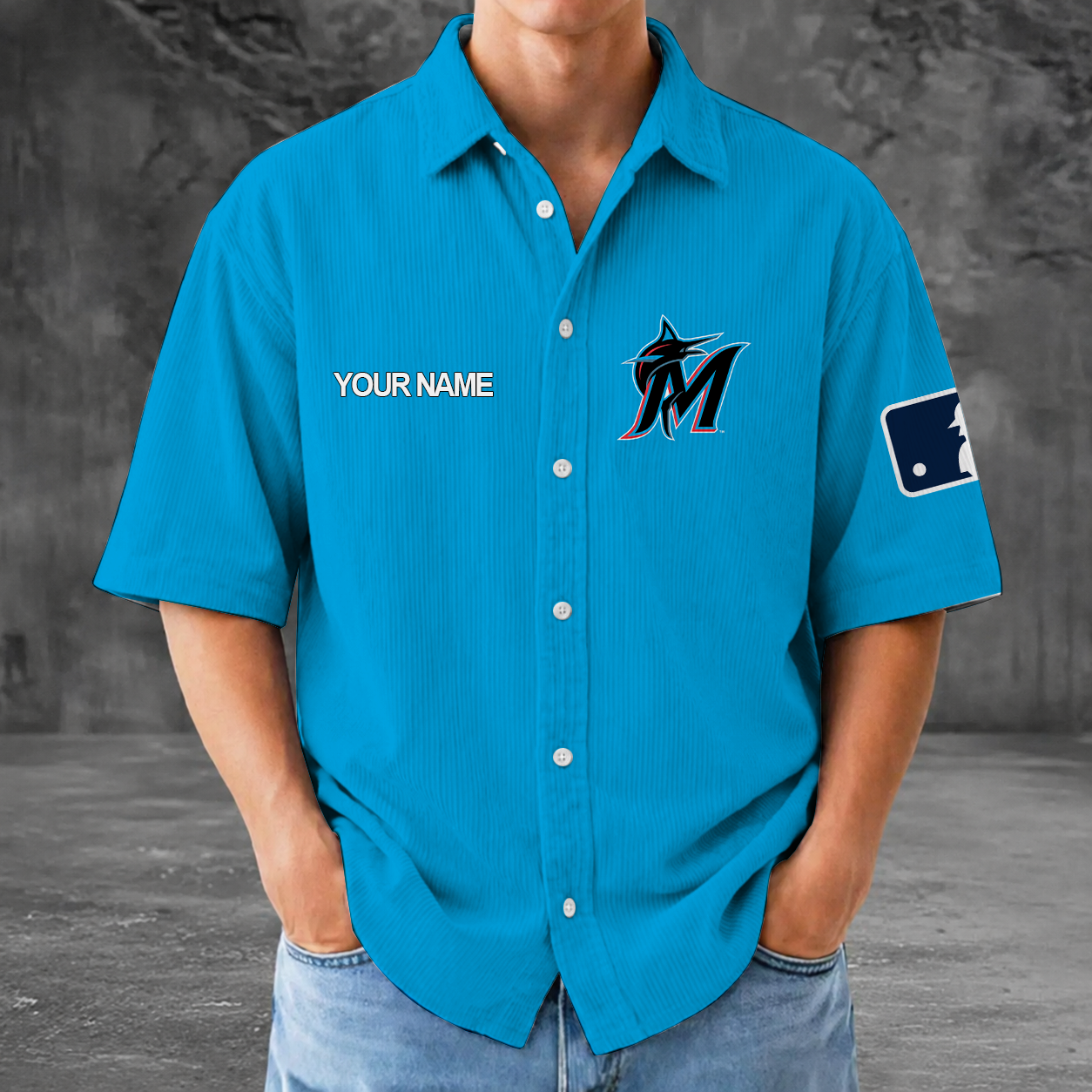 [FLASH SALE] NEW CUSTOMIZED MLB20 MMS MIAMI MARLINS SEERSUCKER BUTTON SHIRT