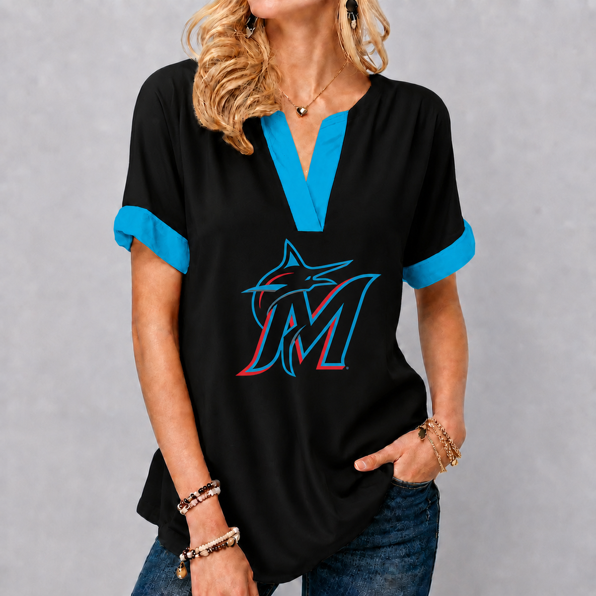 LIMITED EDITION - NEW CUSTOMIZED MLB20 MMS MIAMI MARLINS V-NECK FEMALE SHIRT