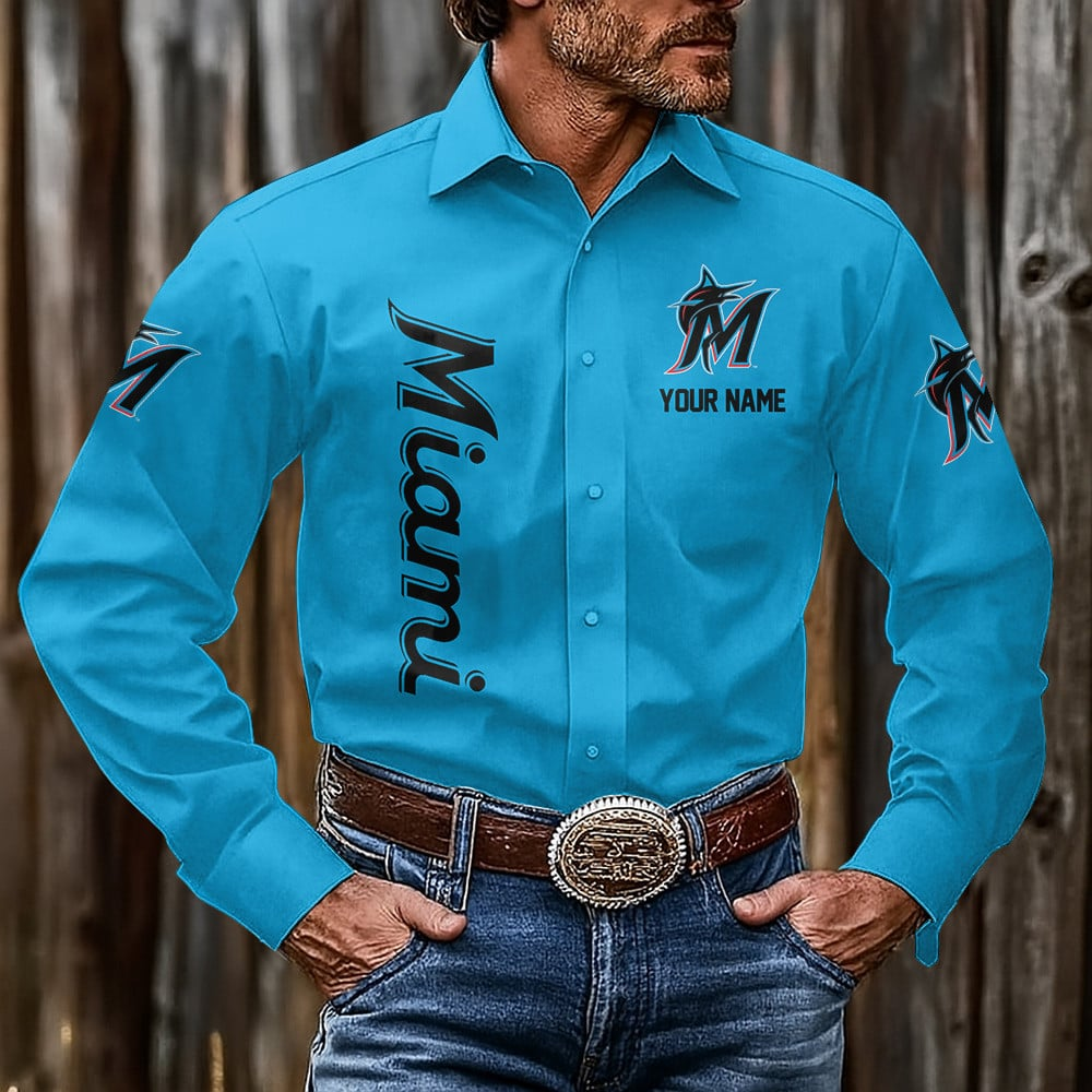 LIMITED EDITION - NEW CUSTOMIZED MLB20 MMS MIAMI MARLINS MEN'S LONG SLEEVE BUTTON-UP SHIRT