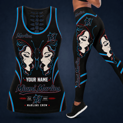 [FLASH SALE] NEW CUSTOMIZED MLB20 MMS MIAMI MARLINS HOLLOW TANK TOP & LEGGINGS SET
