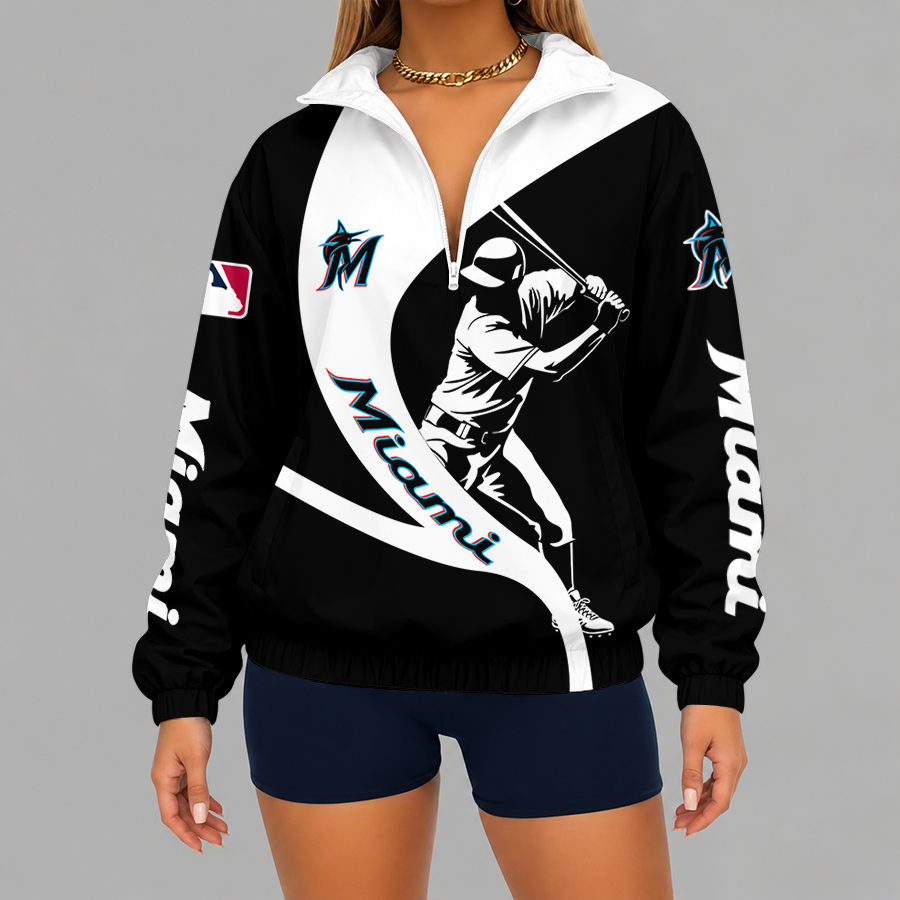 [FLASH SALE] NEW CUSTOMIZED MLB20 MMS MIAMI MARLINS V-NECK ZIPPER SWEATSHIRT JACKET
