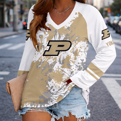 [FAN FAVORITE] NEW CUSTOMIZED NCAA MAM20 PUB PURDUE BOILERMAKERS WOMEN'S V-NECK LONG SLEEVED SHIRT