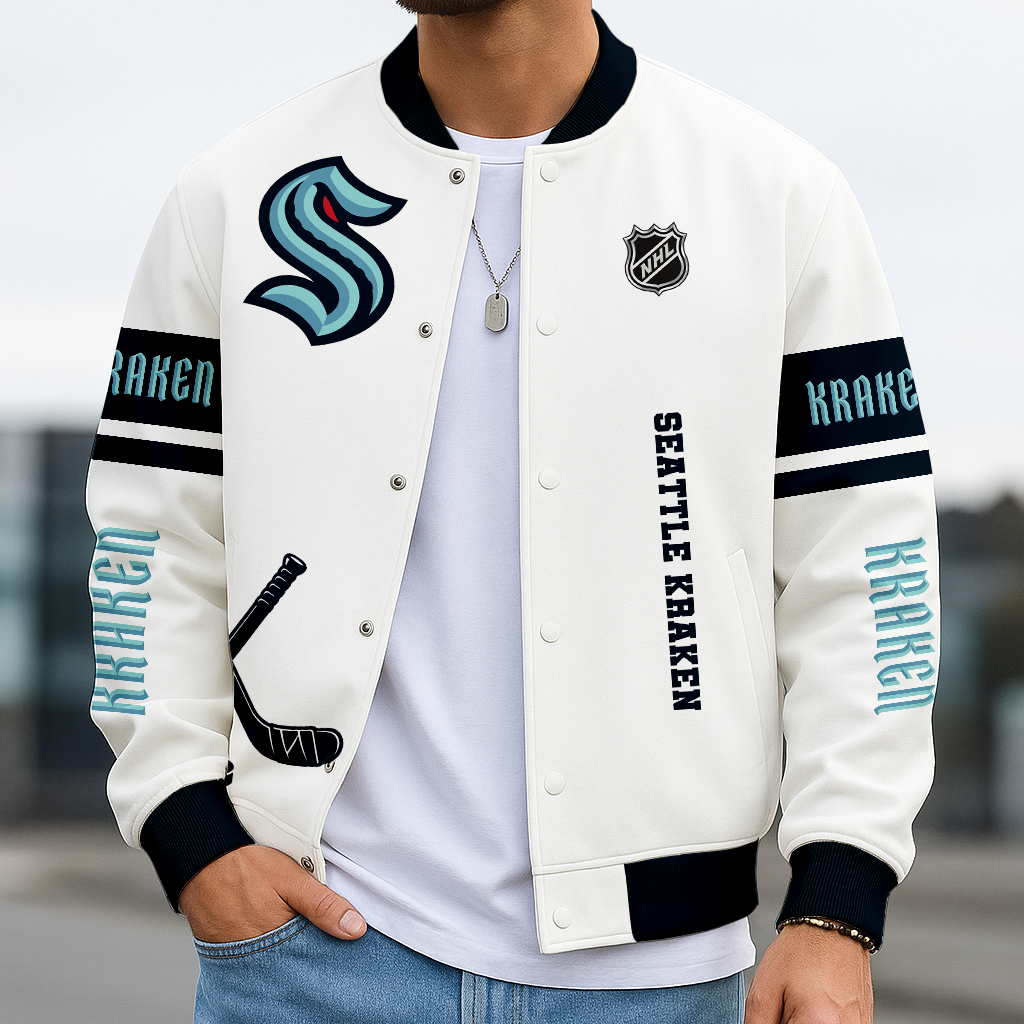 LIMITED EDITION - NEW CUSTOMIZED NHL20 STK SEATTLE KRAKEN BASEBALL JACKET, SATIN VARSITY JACKET