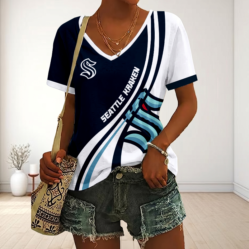LIMITED EDITION - NEW CUSTOMIZED NHL20 SEATTLE KRAKEN V-NECK FEMALE SHIRT