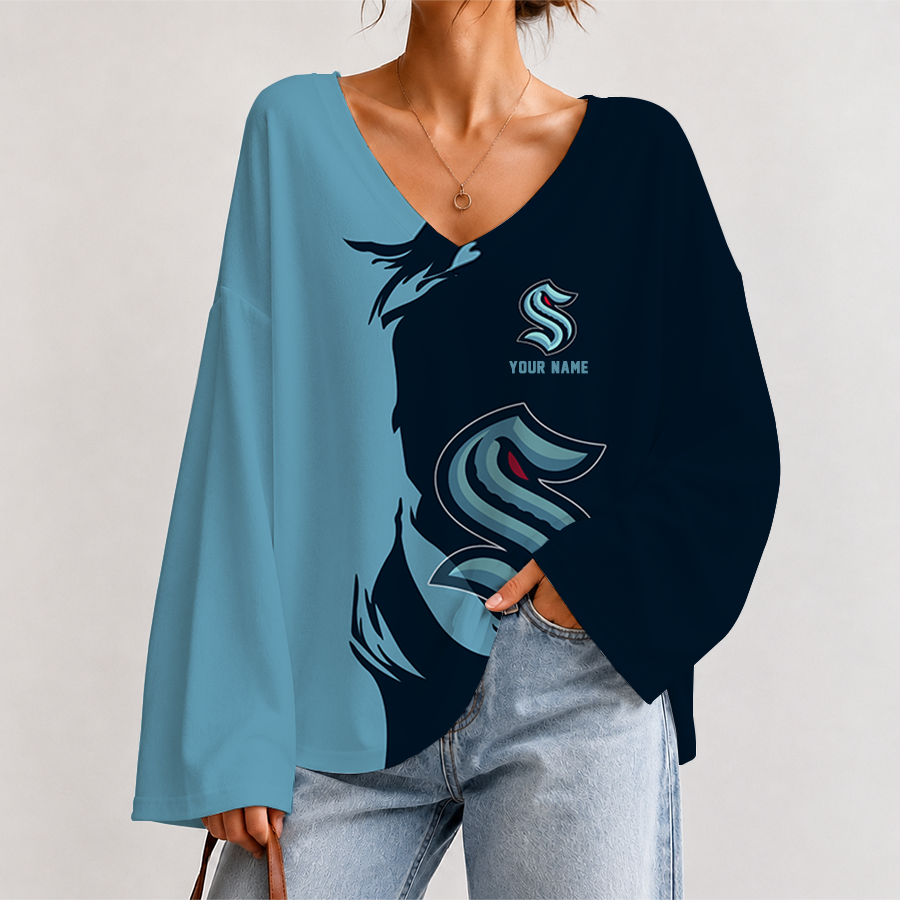 [SUPER SALE] NEW CUSTOMIZED NHL20 STK SEATTLE KRAKEN V-NECK LONG SLEEVED CROP TOP
