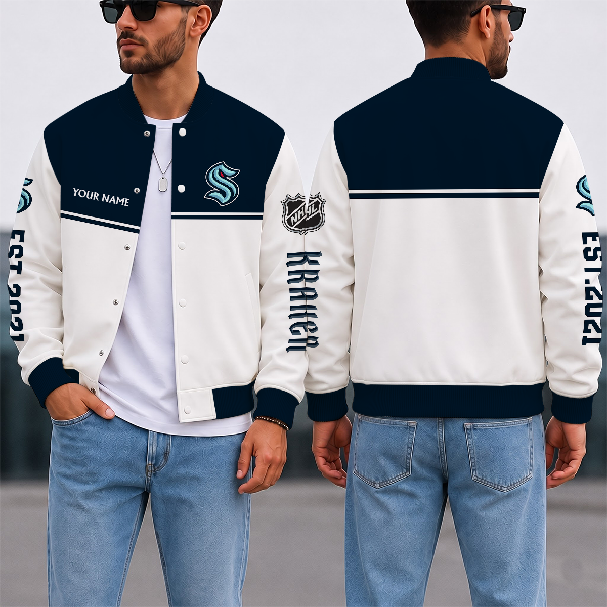 EXCLUSIVE EDITION - NEW CUSTOMIZED NHL20 STK SEATTLE KRAKEN SATIN VARSITY JACKET & BASEBALL JACKET
