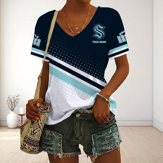 LIMITED EDITION - NEW CUSTOMIZED NHL20 SEATTLE KRAKEN V-NECK FEMALE SHIRT