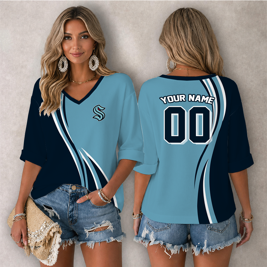 [SUPER SALE] NEW CUSTOMIZED NHL20 STK SEATTLE KRAKEN WOMEN'S HEART V-NECK LONG SLEEVE SHIRT