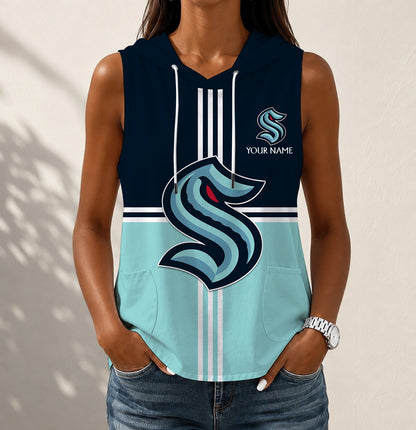 VIRAL EDITION - NEW CUSTOMIZED NHL20 STK SEATTLE KRAKEN WOMEN'S SLEEVELESS HOODED POCKET TANK TOP
