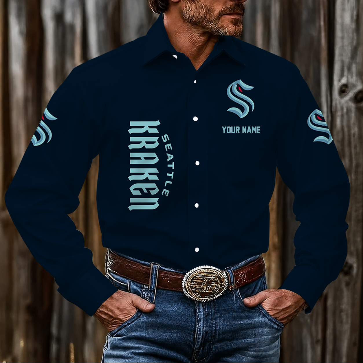 LIMITED EDITION - NEW CUSTOMIZED NHL20 STK SEATTLE KRAKEN MEN'S LONG SLEEVE BUTTON-UP SHIRT