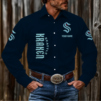 LIMITED EDITION - NEW CUSTOMIZED NHL20 STK SEATTLE KRAKEN MEN'S LONG SLEEVE BUTTON-UP SHIRT