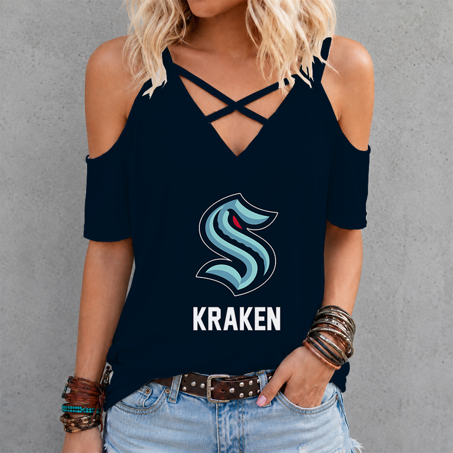 [SUPER SALE] NEW CUSTOMIZED NHL20 STK SEATTLE KRAKEN CRISS CROSS V-NECK TOP