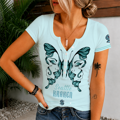 [SUPER SALE] NEW CUSTOMIZED NHL20 STK SEATTLE KRAKEN WOMEN'S SHORT SLEEVE HENLEY T-SHIRT