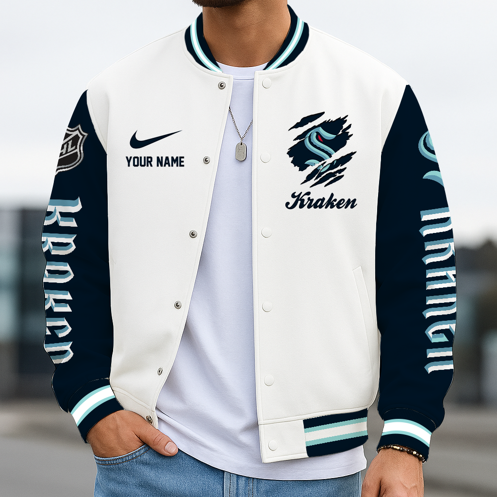 LIMITED EDITION - NEW CUSTOMIZED NHL20 STK SEATTLE KRAKEN BASEBALL JACKET, SATIN VARSITY JACKET